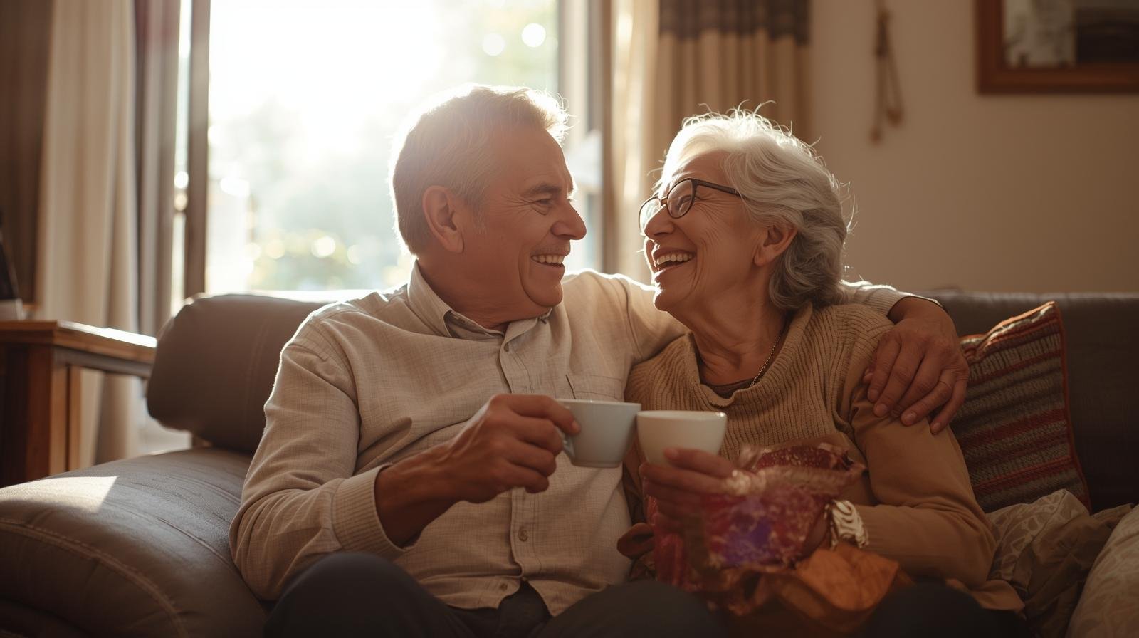 Create an image that shows an elderly couple being happy in their home.  THe person should be hispanic