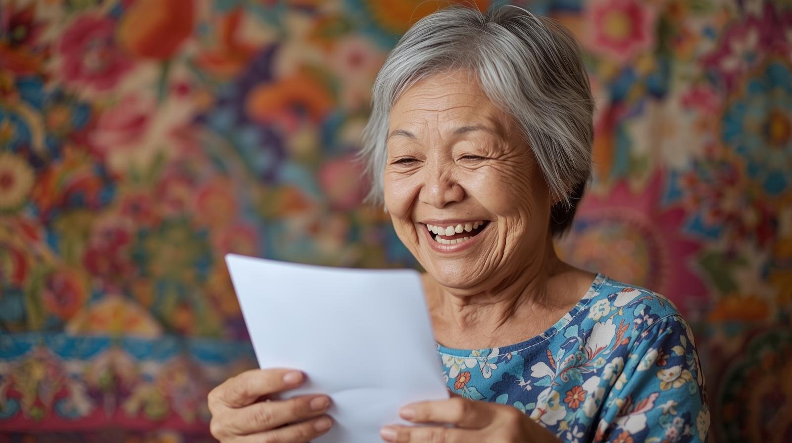 an older asian woman reading her email she is happy because she is going to receive a home.  Her background is pretty and vibrant